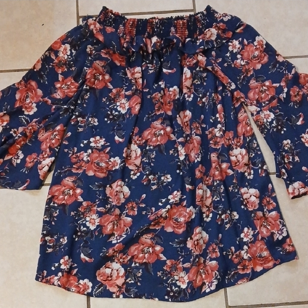 Altar'd State Navy Off-Shoulder Top with Coral and Pink Floral Accents